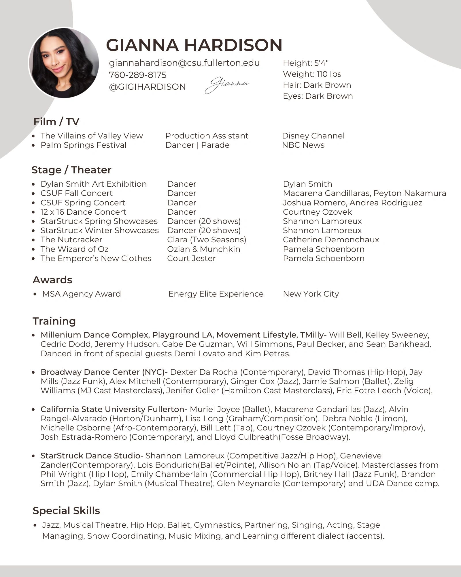 Professional resume of Gianna Hardison showcasing dance and theater experience.