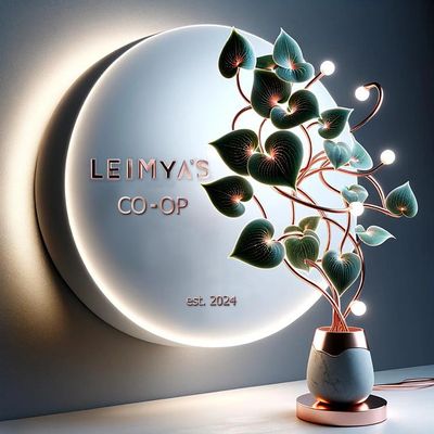 Modern illuminated sign with plant and text 'LEIMYA'S CO-OP est. 2024'.