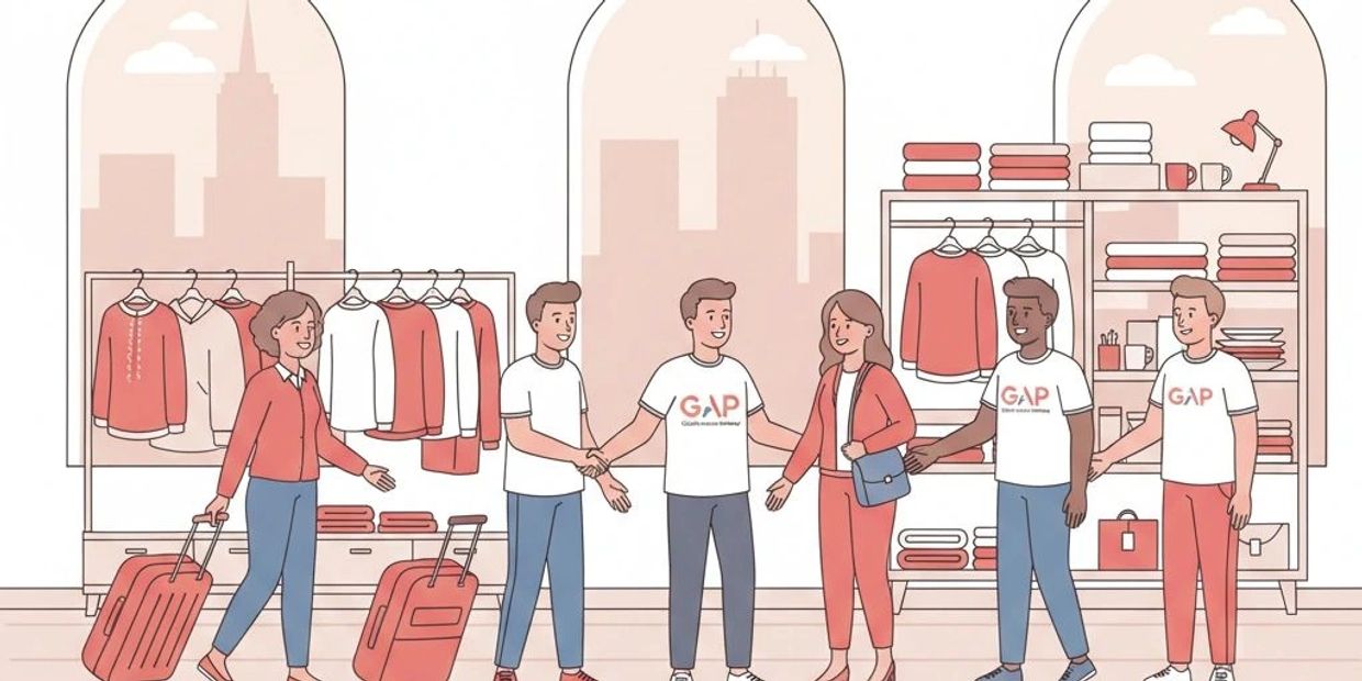 People greeting each other inside a clothing store with luggage.