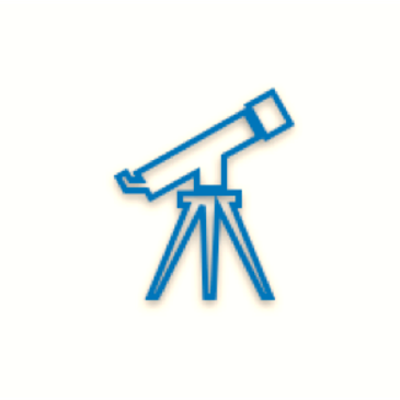 Simple blue telescope icon on white background.