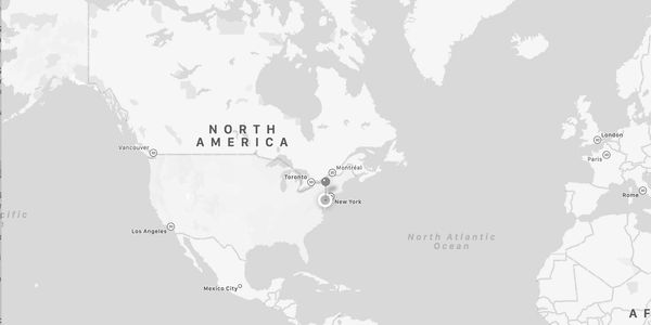 Map highlighting cities in North America and Europe.