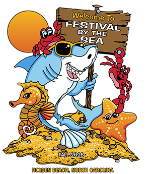 Cartoon shark and sea creatures welcoming to Festival by the Sea, Holden Beach 2026.