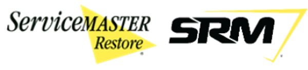 Logos of ServiceMaster Restore and SRM with yellow triangular accents.