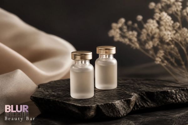 Two frosted glass beauty bottles on a stone slab.