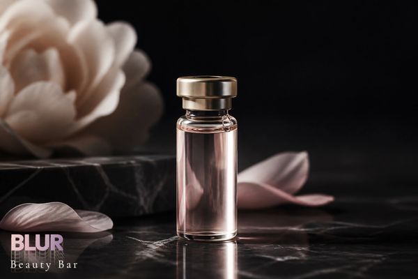 Elegant perfume bottle with petals and flower on marble surface.