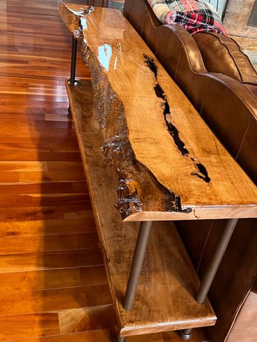 Solid, live-edge curly maple. Custom base. Stained and heavily clear coated. $5000