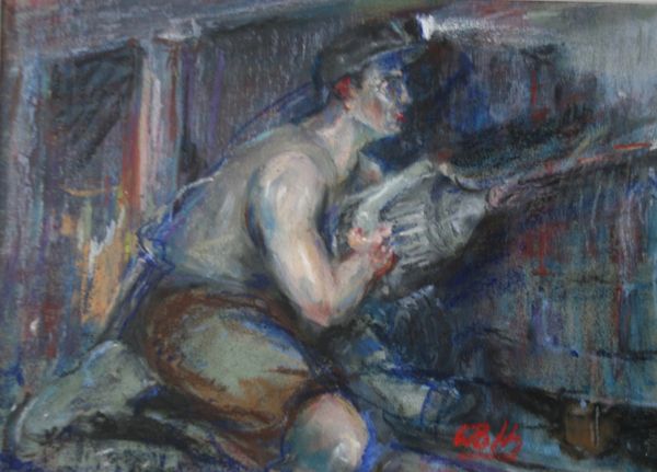 The Lone Drilling Man 25x35cm Pastel -Drilling a shot hole before stemming with explosive.
For sale 