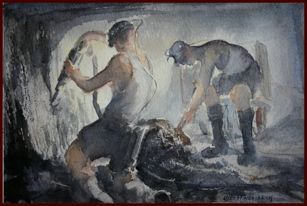 Coal Miners filling to Tubs- a compressed air pick used to brake  up coal.

Watercolour. SOLD