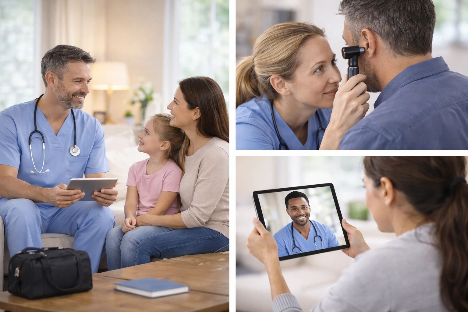 Doctor consulting patients in person and via telemedicine, checking ear health and discussing care.