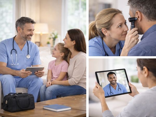 Doctors consulting patients through in-person visits and telemedicine.