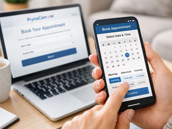 Person booking an appointment on a smartphone with a laptop in the background.