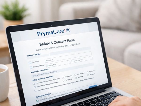 A laptop displays a PrymaCare UK safety and consent form being filled out.