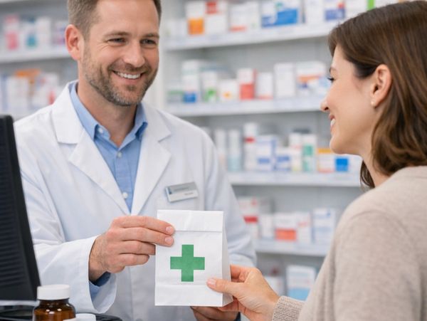 Pharmacist handing a prescription bag to a smiling customer in a pharmacy.