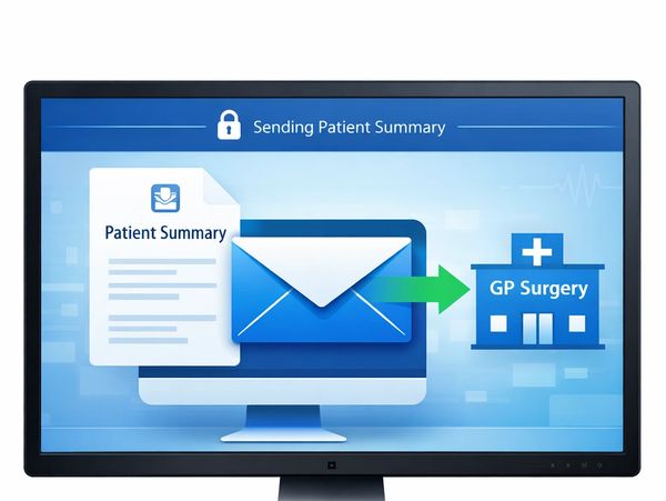 Digital patient summary being securely sent to a GP surgery.