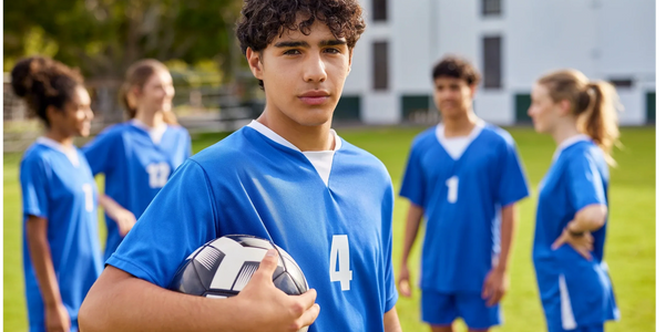 Youth soccer team with player holding ball in blue jersey number 4.