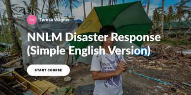 Person with umbrella in disaster aftermath promoting NNLM Disaster Response course.