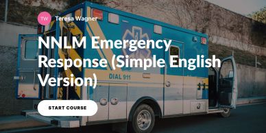 Ambulance parked on street with NNLM emergency response course overlay.