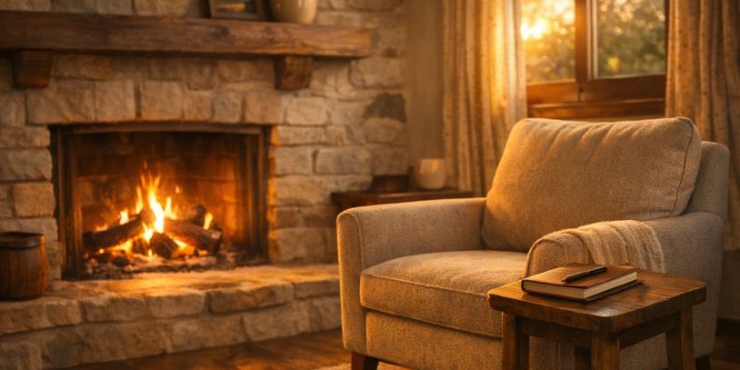 Cozy armchair by a warm stone fireplace in a sunlit room.