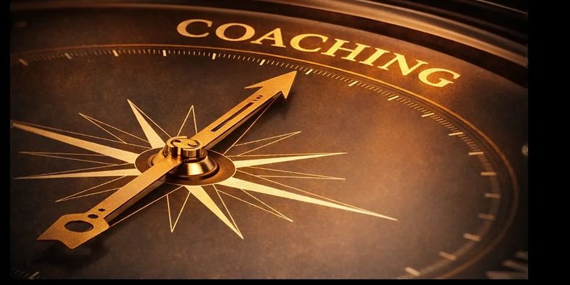 A compass pointing towards the word 'COACHING' in golden hues.