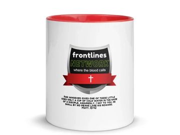 White mug with a red interior featuring a frontlines network logo and religious text.