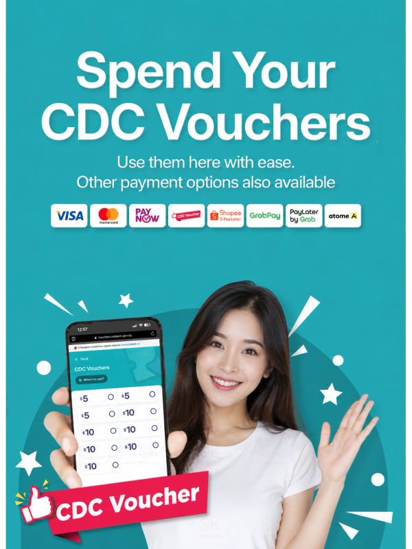 Woman promoting spending CDC vouchers with various payment options.