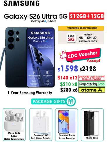 Samsung Galaxy S26 Ultra 5G with 512GB storage and 12GB RAM, bundled with accessories and discounts.