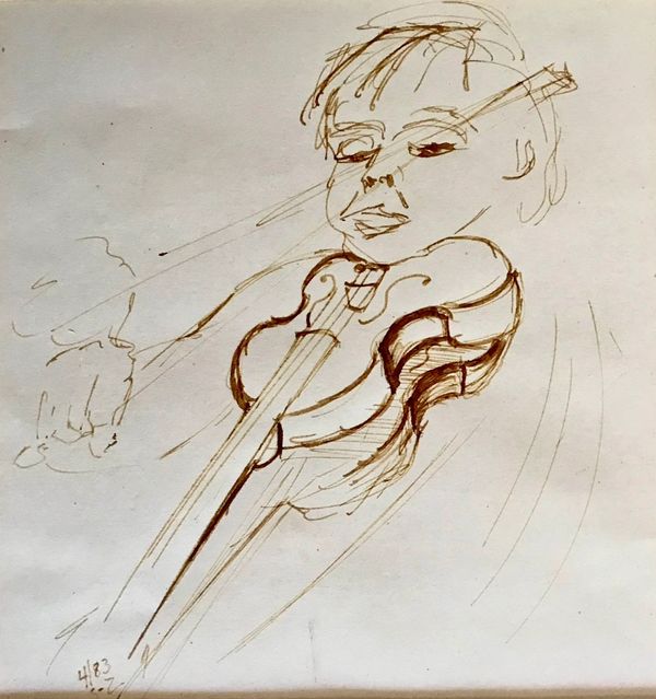 Sketch of a person playing a violin with expressive lines.