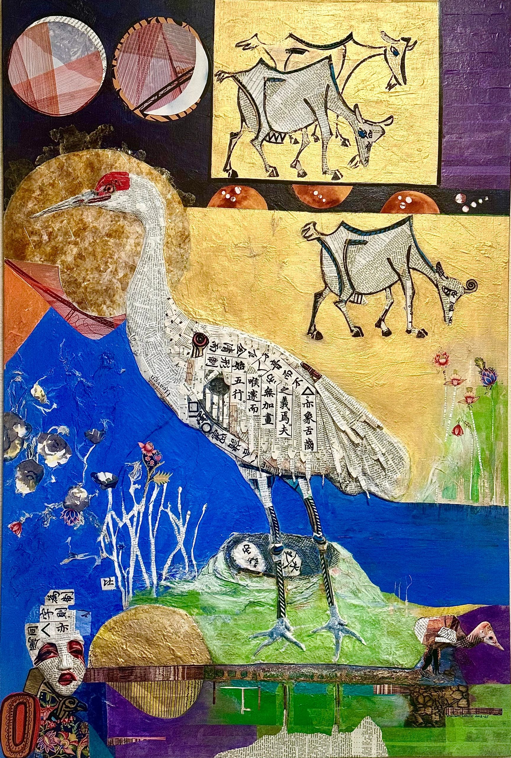 A vibrant collage/assemblage featuring a crane, goats, and abstract shapes with Asian script element