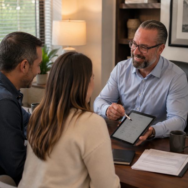Financial advisor explaining details to a couple using a tablet.
