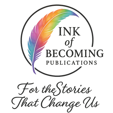 Logo of Ink of Becoming Publications with a colorful feather and tagline.