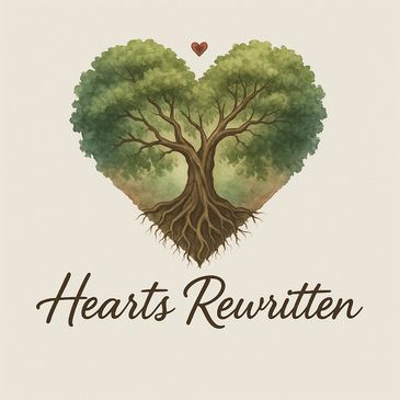 A heart-shaped tree with roots and a small heart above, text reads 'Hearts Rewritten'.