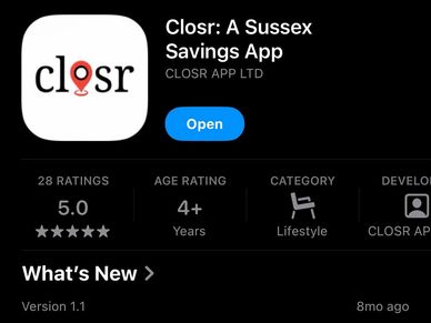 App store page for Closr, a Sussex savings app.
