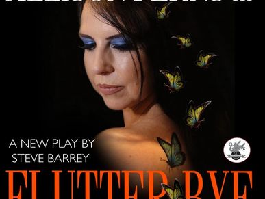 Woman with butterflies and play text.