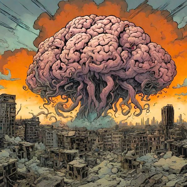 A giant brain with tentacles hovers over a ruined city at sunset.