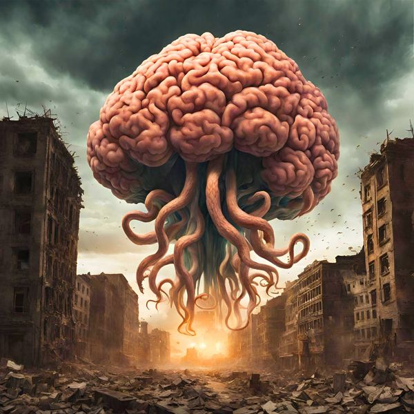 Giant brain with tentacles hovering over a destroyed cityscape at sunset.