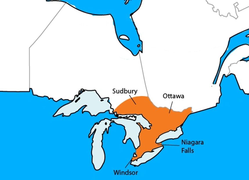 Sigma-Q Logistics - Map of Ontario showing service areas between from Sudbury down to Windsor
