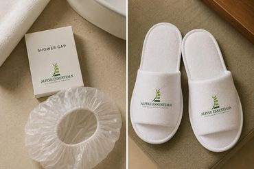 Hotel amenities including a shower cap and slippers with Alpine Essentials branding.