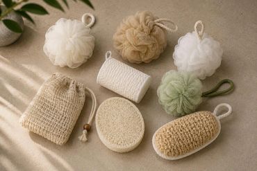 Aesthetic bath accessories in neutral tones with loofahs, scrubbers, and a drawstring pouch.