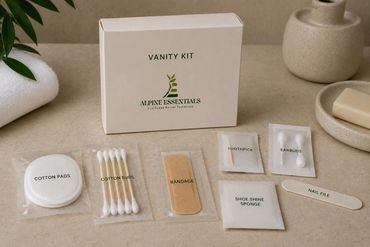 A vanity kit with cotton pads, swabs, a nail file, and other essentials.