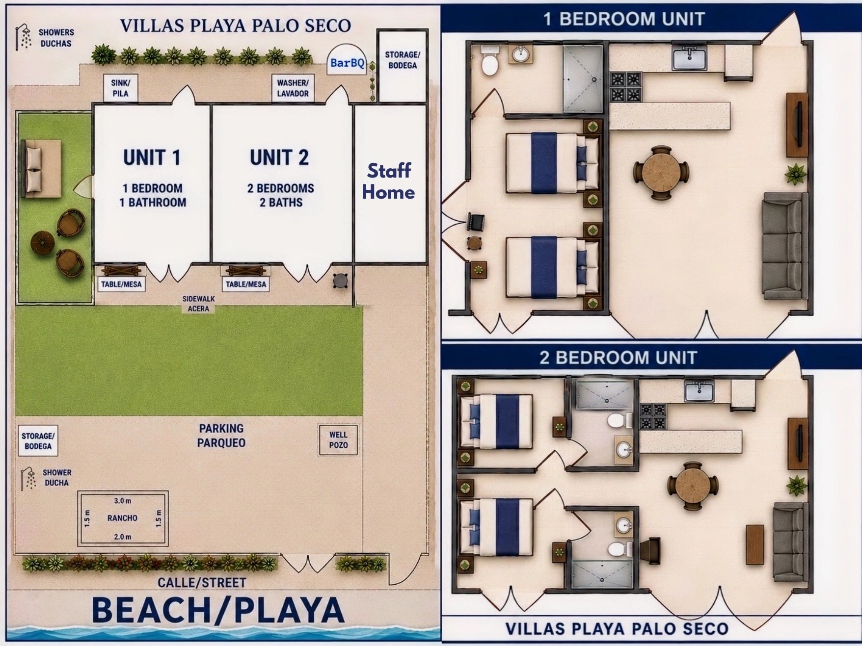 Layout of Villas Playa Palo Seco with 1 and 2 bedroom units.