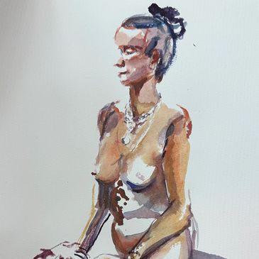 Watercolor painting of a seated nude woman with a bun hairstyle.