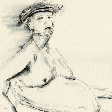 Abstract sketch of a seated woman wearing a hat, drawn with loose, expressive lines.