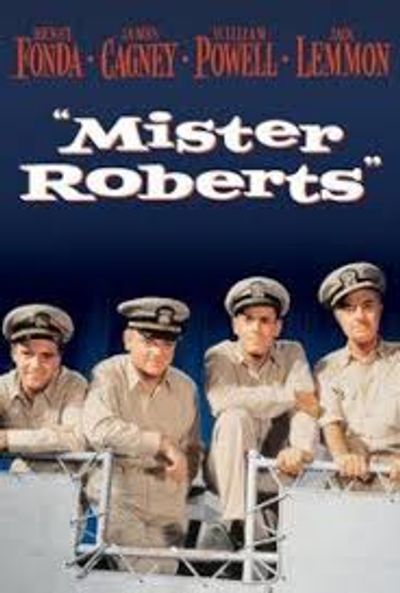 Classic movie poster of "Mister Roberts" featuring four naval officers.