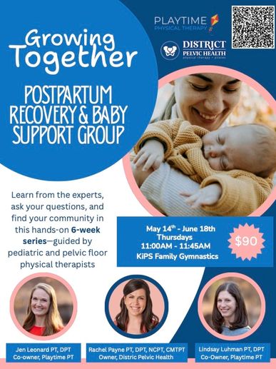 Postpartum recovery and baby support group with expert therapists, held Thursdays from May 14 to June 18.