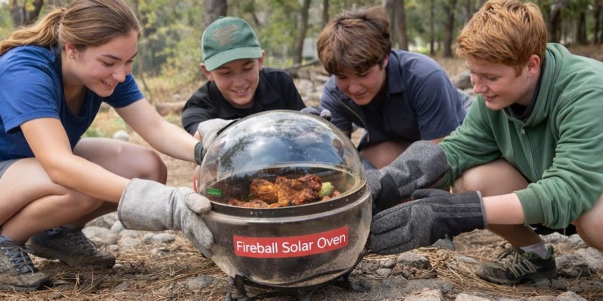 Four young people cooking with a Fireball Solar Oven outdoors.