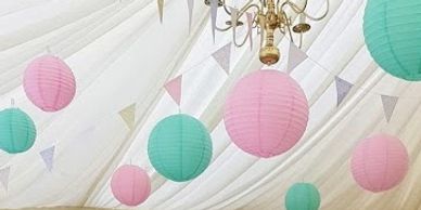 Venue Styling Hertfordshire Paper Lantern canopys Bunting, rag garlands