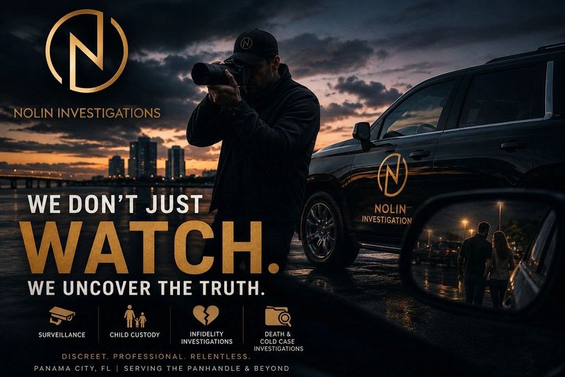 Private investigator with camera and vehicle at sunset, promoting Nolin Investigations.