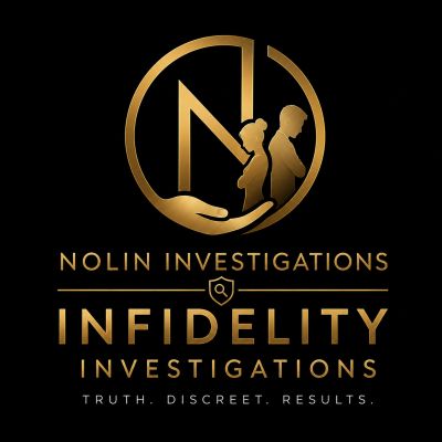 Elegant gold logo for Nolin Infidelity Investigations on black background.