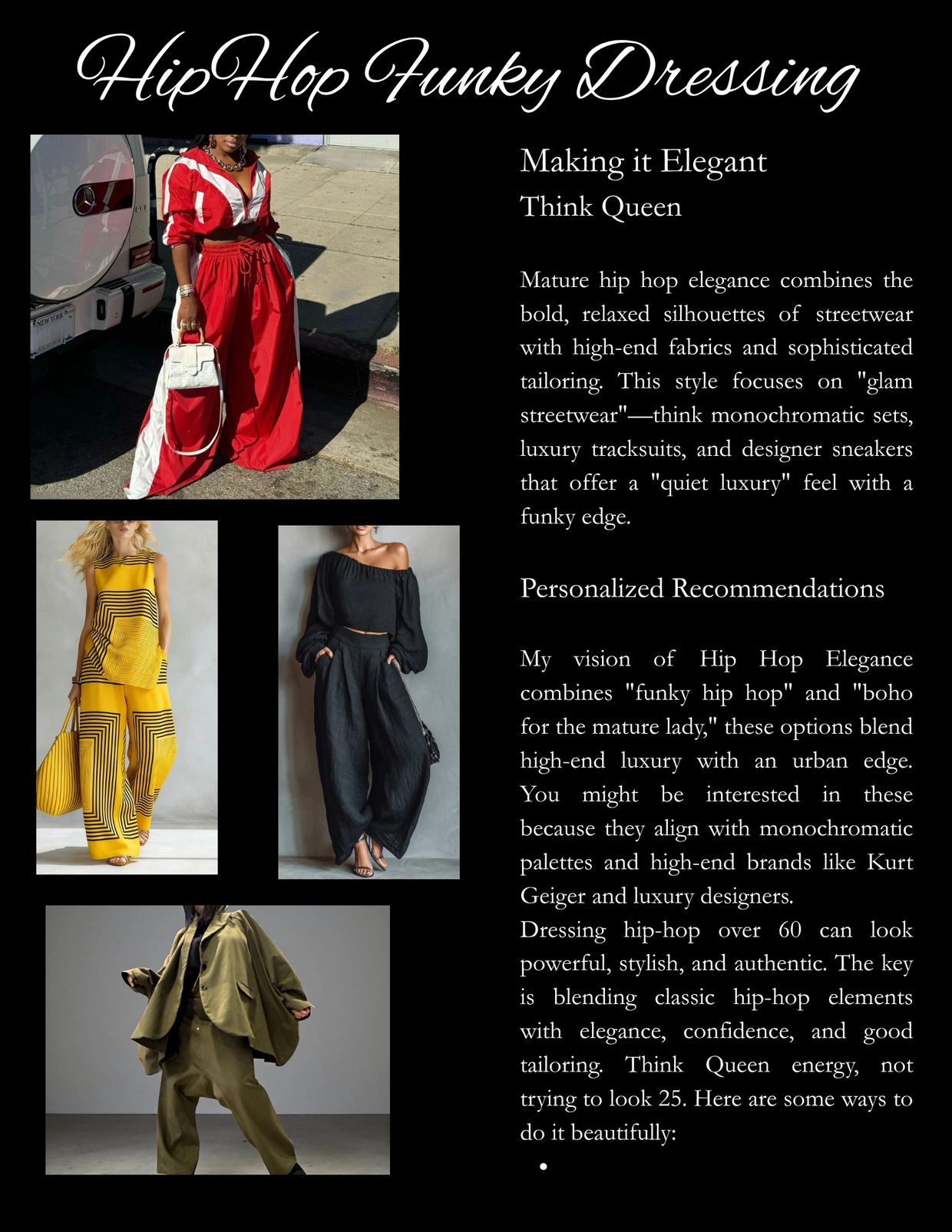 Elegant hip hop fashion blends streetwear with luxury for mature women.