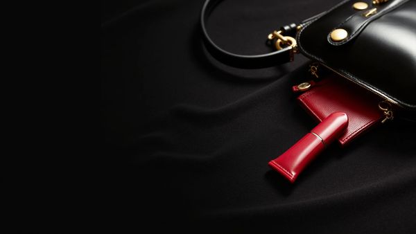 Black felt background with a black clutch with gold accent and a red tag with red lipstick